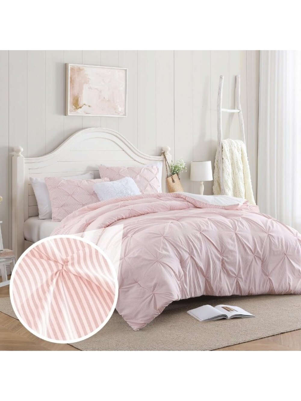 Pinstripe Peach Pink Comforter Set - Classic Pintuck 3-Piece Bedding Set